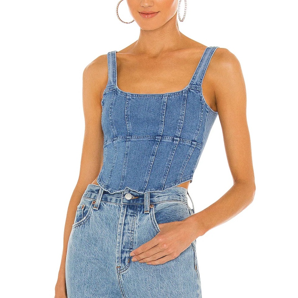 REVOLVE OW Collection Demi Blue Denim Tank Top Sleeveless Zipper Back Cropped